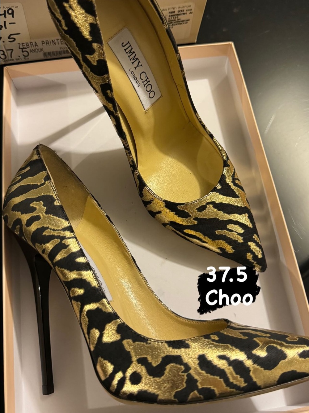 Jimmy Choo Gold and Black Leopard-Print Satin Pointed Pumps